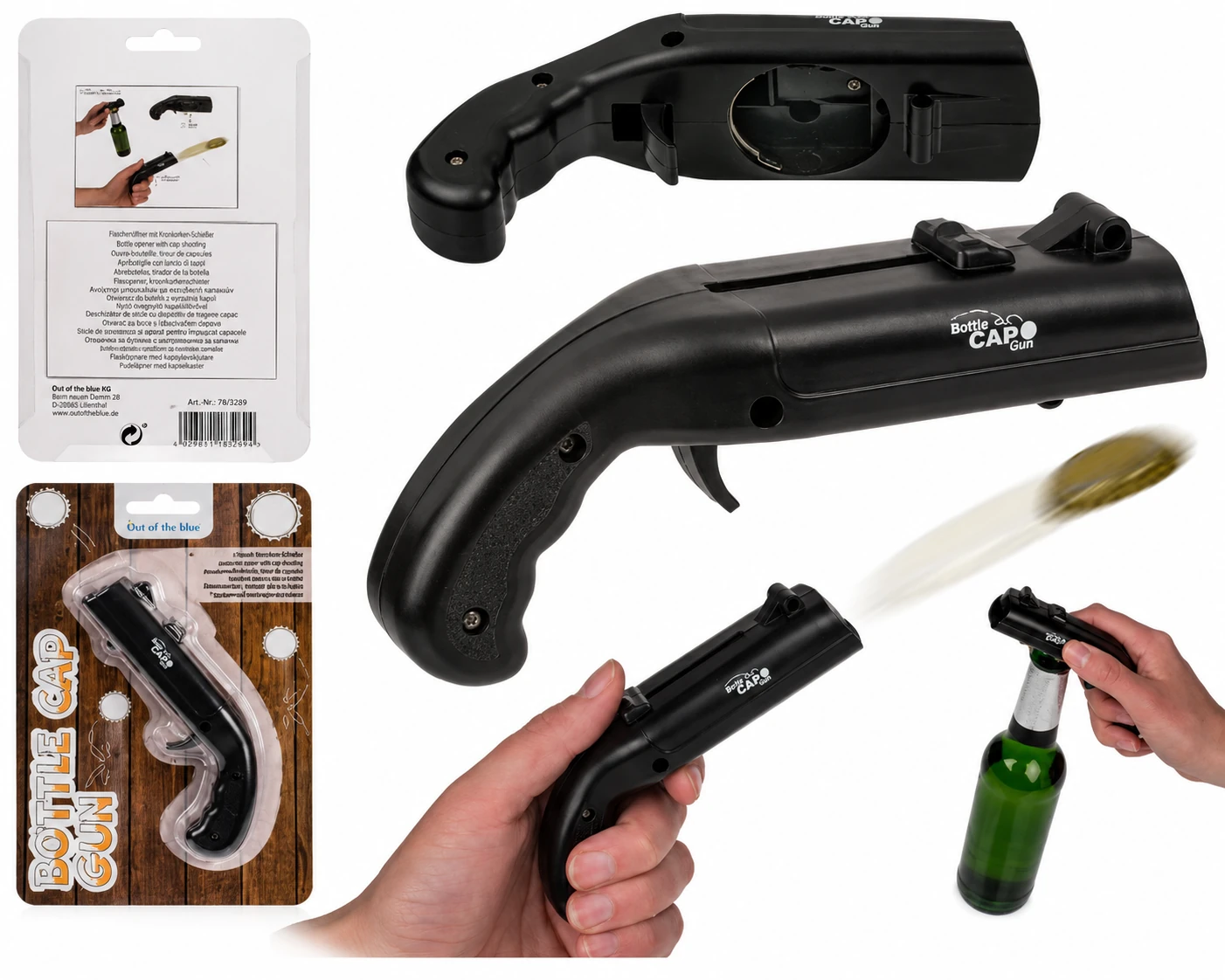 Out of the Blue Bottle Cap Gun compleet productoverzicht met verpakking en gebruik