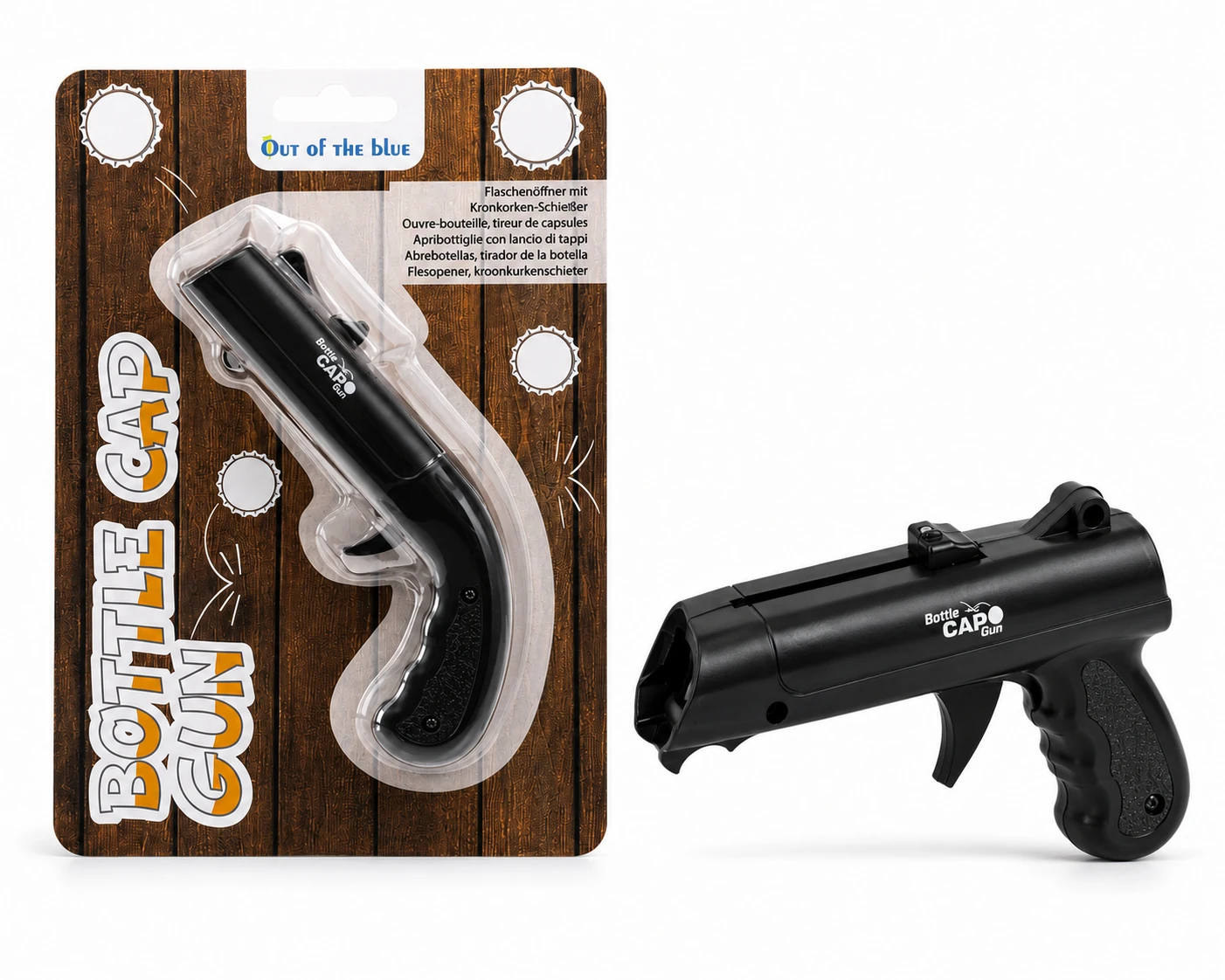 Out of the Blue Bottle Cap Gun originele verpakking naast los product