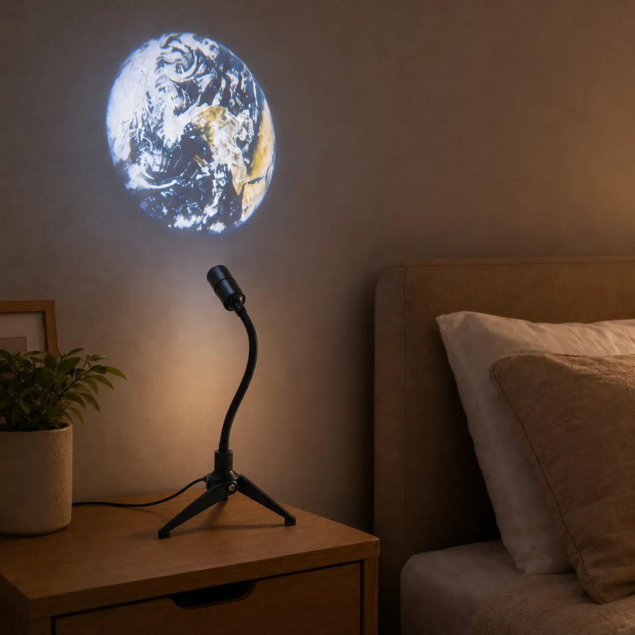 Aardeprojectie van de Projectielamp Aarde & Maan in een slaapkamer