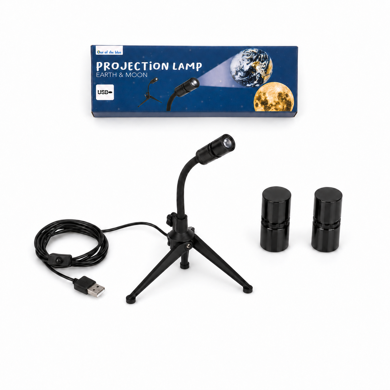 Complete Out of the Blue projectielamp set met verpakking, USB-kabel en lenzen