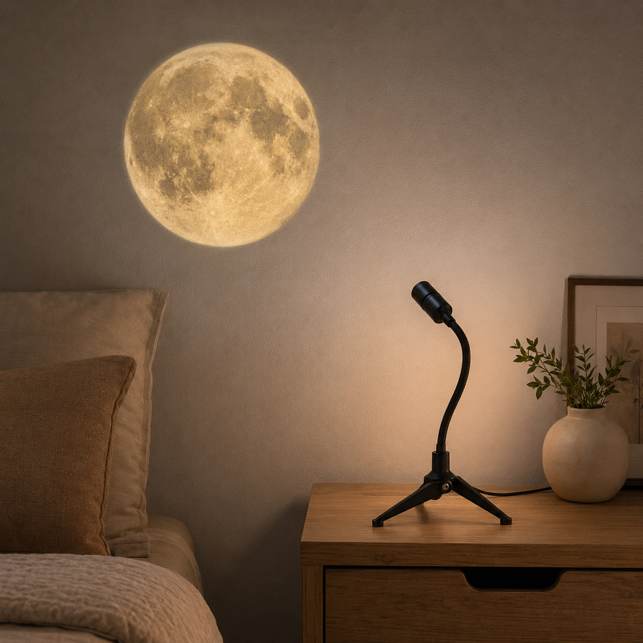 Maanprojectie van de Projectielamp Aarde & Maan boven een nachtkastje