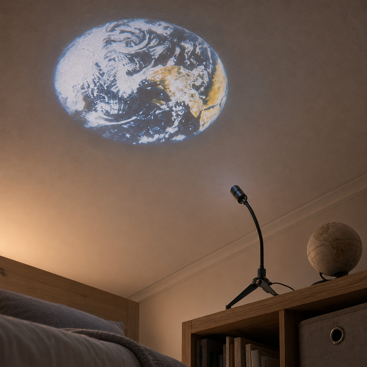 Aardeprojectie op het plafond van een slaapkamer met verstelbare projectielamp