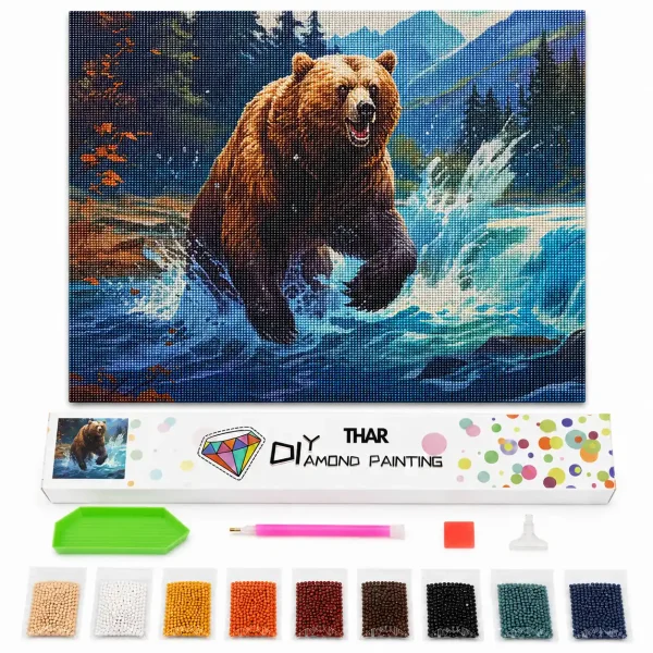 THAR Diamond Painting bruine beer in rivier 40x50 cm complete set met ronde steentjes
