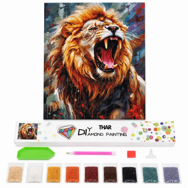 THAR Diamond Painting brullende leeuw 40x50 cm complete set met ronde steentjes