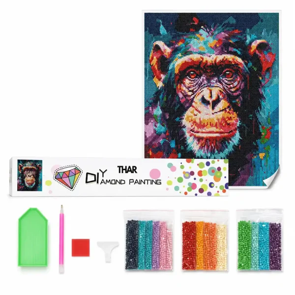 THAR Diamond Painting kleurrijke chimpansee 40x50 cm complete set met ronde steentjes