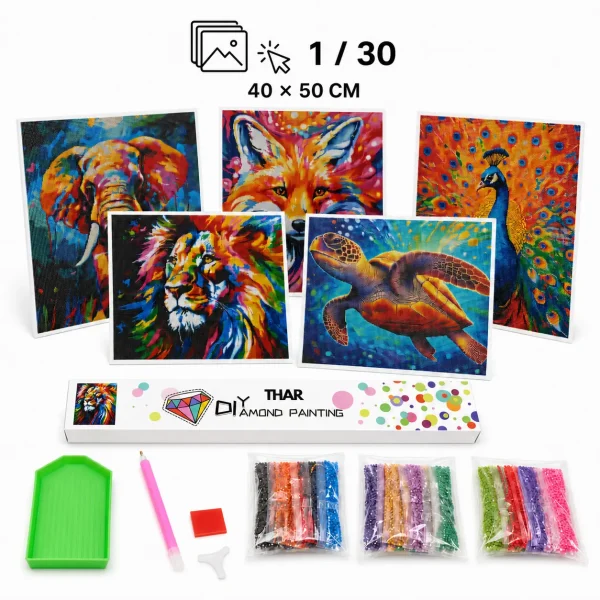 THAR Diamond Painting Dieren 40x50 cm met vijf ontwerpen en complete set