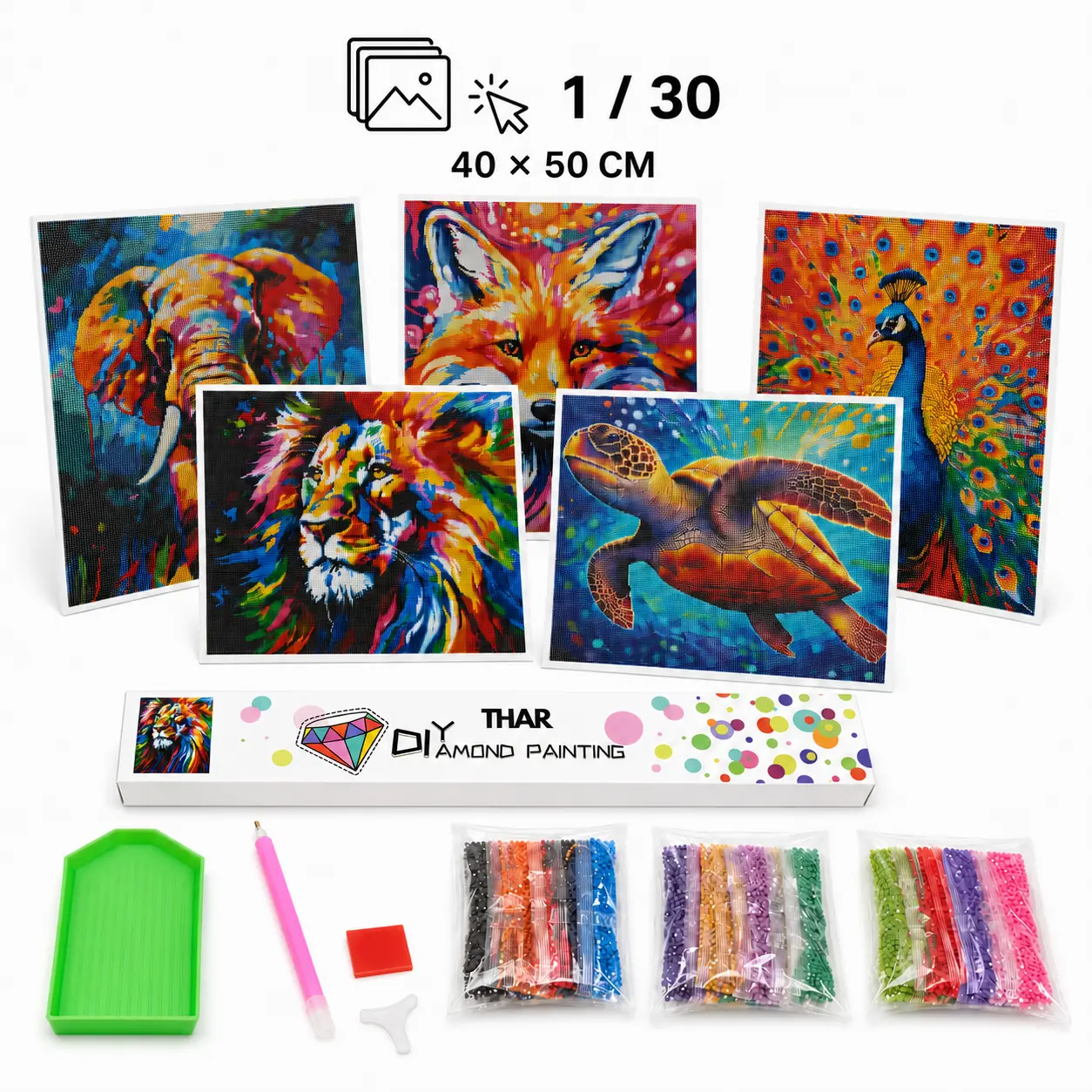 THAR Diamond Painting Dieren 40x50 cm met vijf ontwerpen en complete set