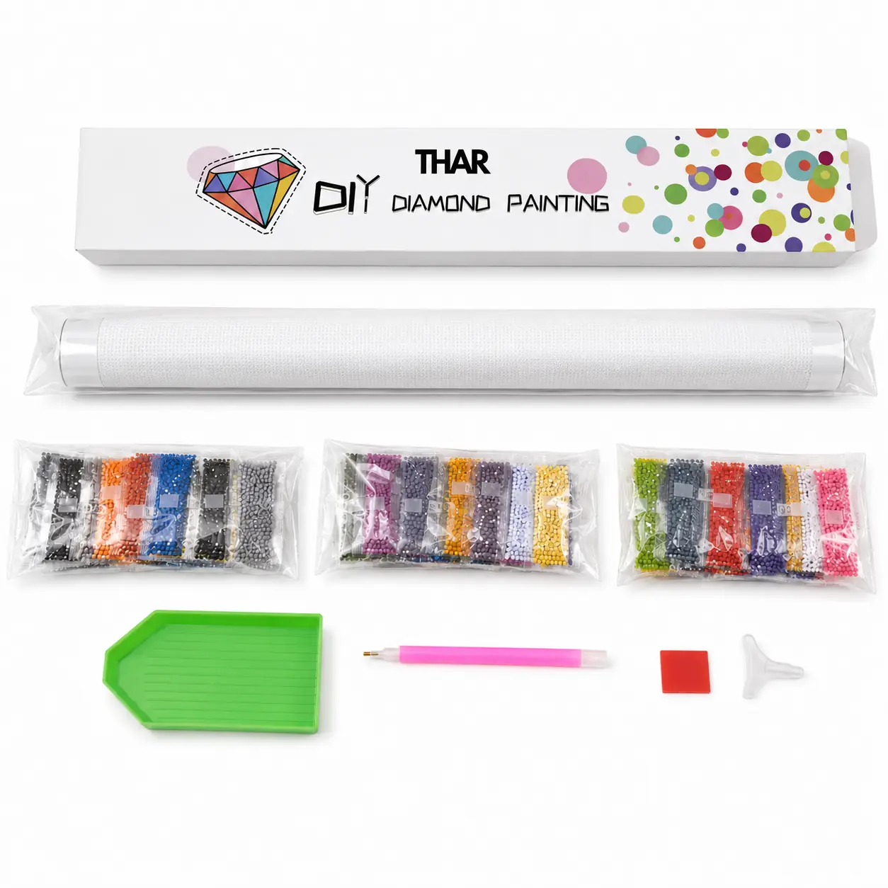 Inhoud THAR diamond-paintingset met canvas, ronde steentjes, pen, wax en sorteerbakje