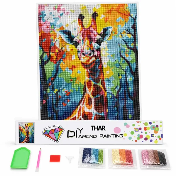 THAR Diamond Painting kleurrijke giraffe 40x50 cm complete set met ronde steentjes