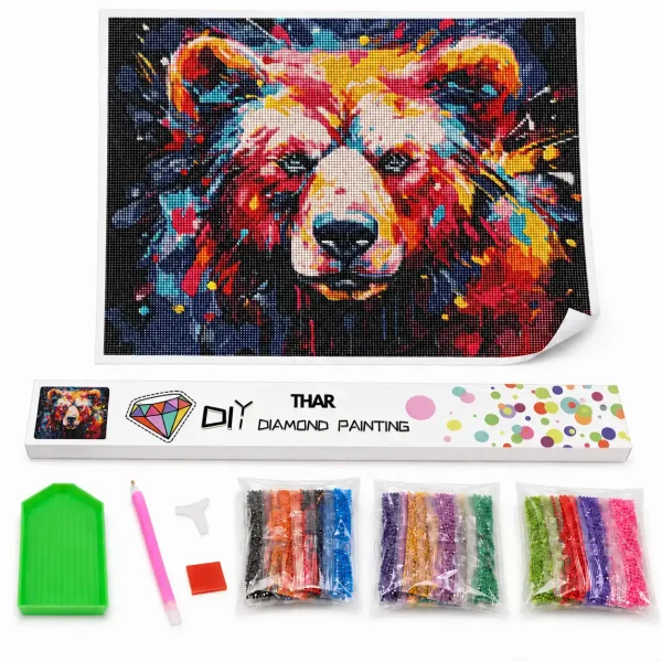 THAR Diamond Painting kleurrijke beer 40x50 cm complete set met ronde steentjes