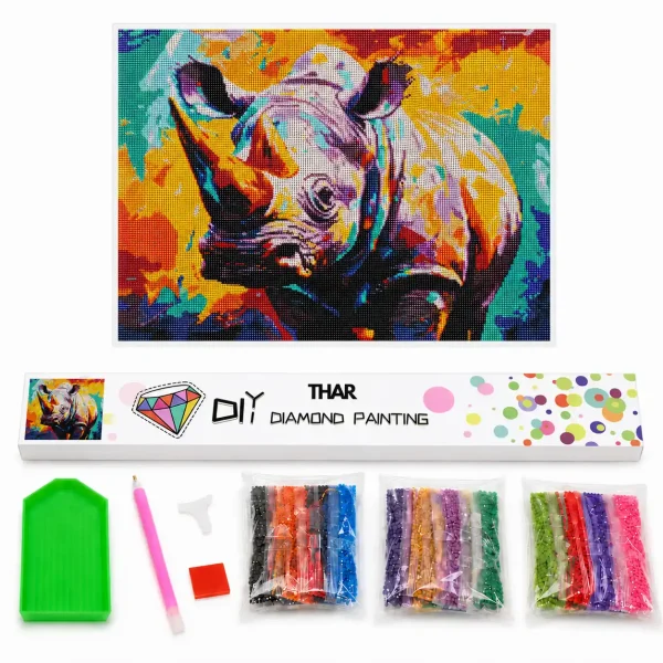 THAR Diamond Painting kleurrijke neushoorn 40x50 cm complete set met ronde steentjes