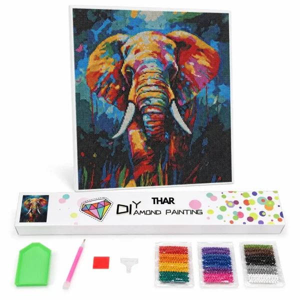 THAR Diamond Painting kleurrijke olifant 40x50 cm complete set met ronde steentjes
