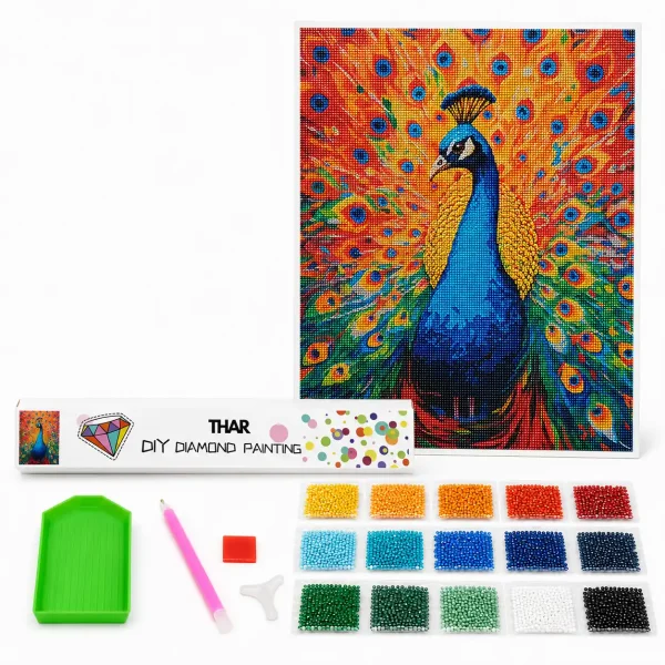 THAR Diamond Painting kleurrijke pauw 40x50 cm complete set met ronde steentjes