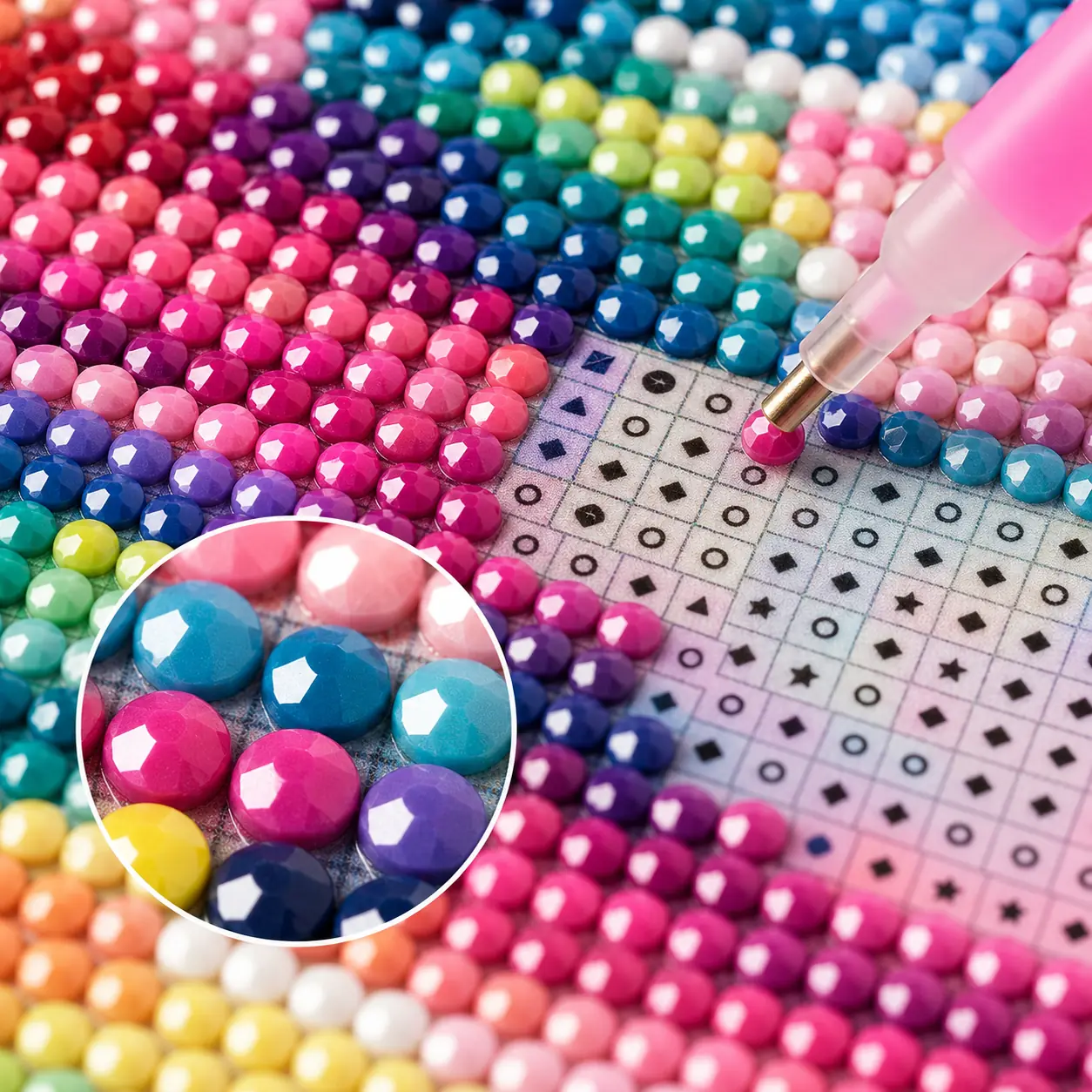 Close-up van ronde diamond-paintingsteentjes en pen op bedrukt canvas