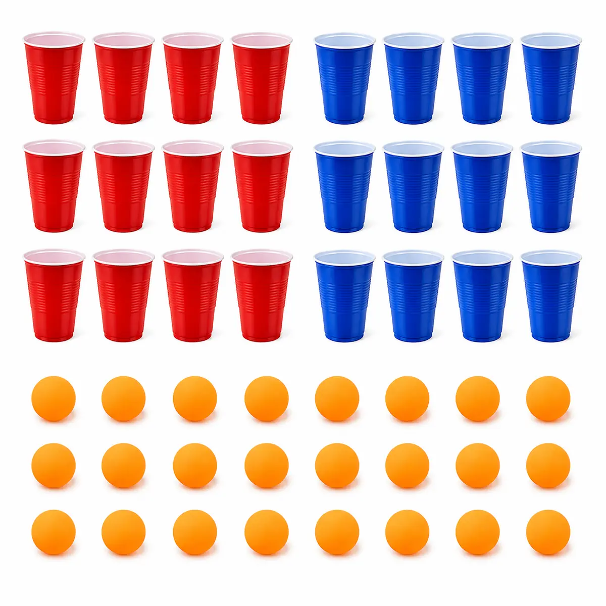 Beer Pong drinkspel met rode en blauwe bekers en oranje pingpongballen