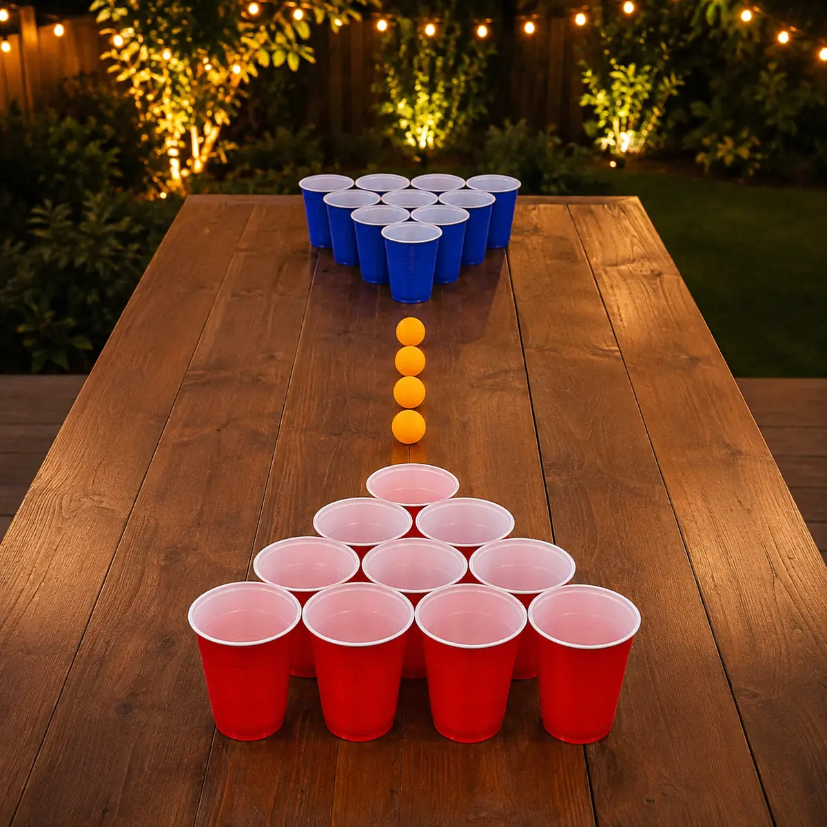 Beer Pong drinkspel met rode en blauwe bekeropstelling op terras in de avond