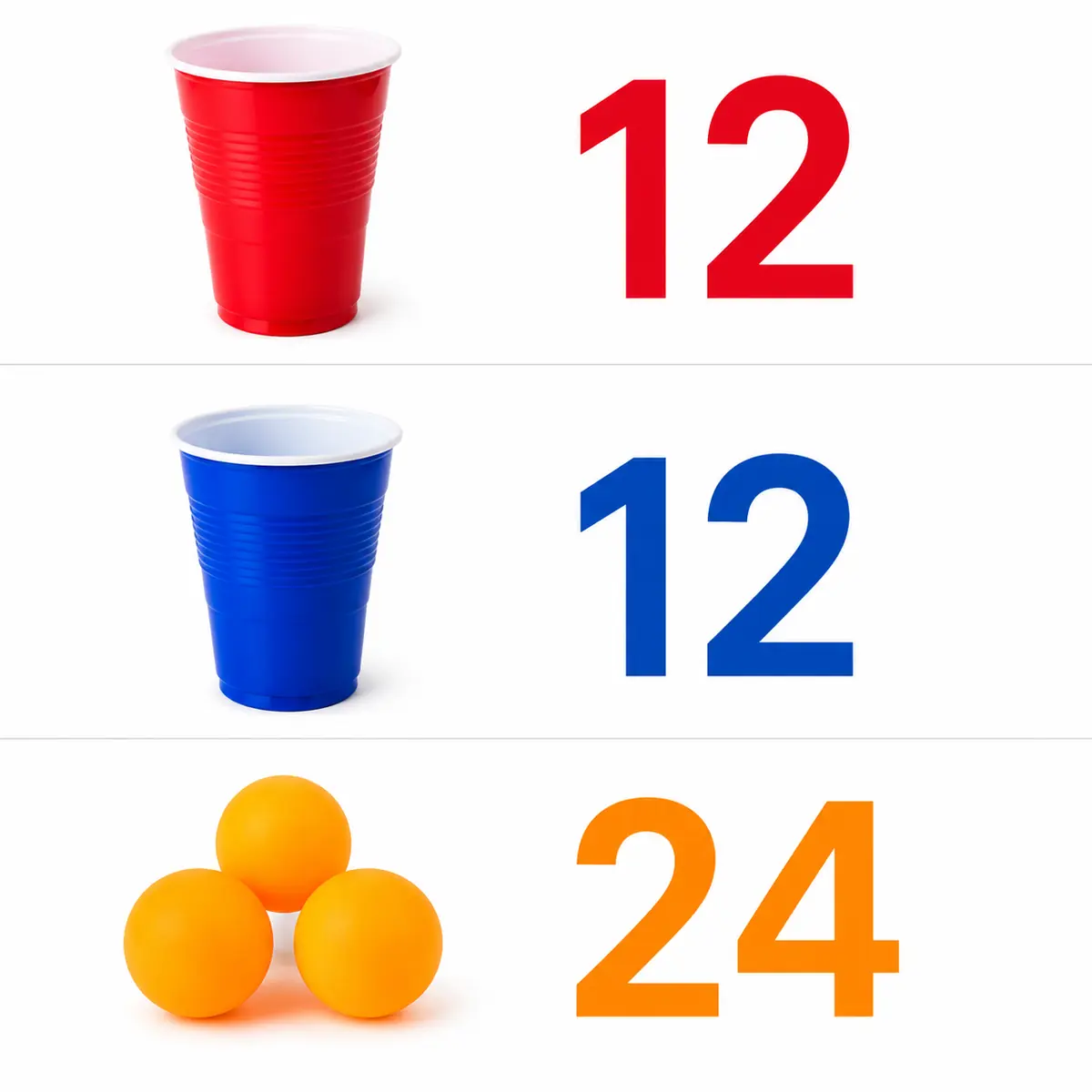 Beer Pong drinkspel set met 12 rode bekers 12 blauwe bekers en 24 oranje pingpongballen