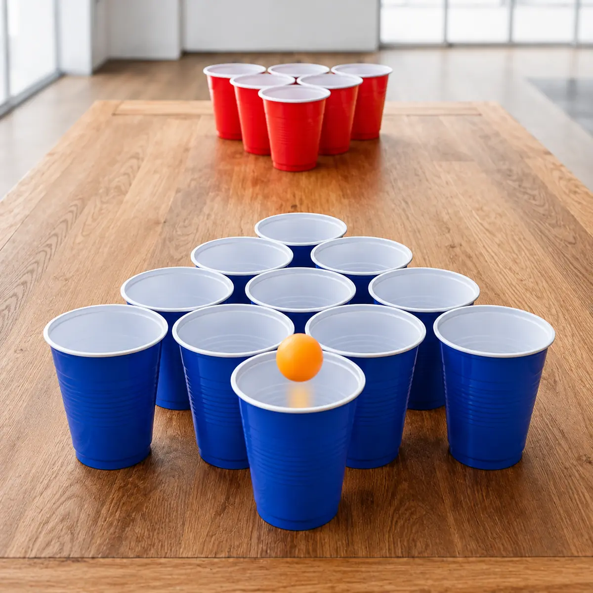Beer Pong drinkspel met oranje pingpongbal boven blauwe bekeropstelling