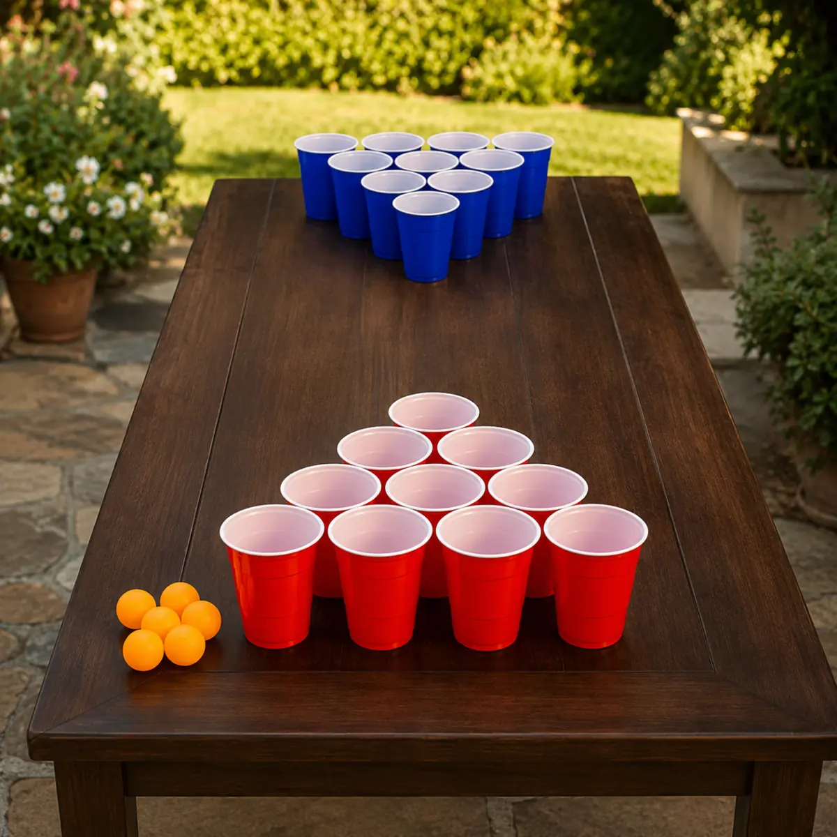 Beer Pong drinkspel met rode en blauwe bekers in spelopstelling buiten