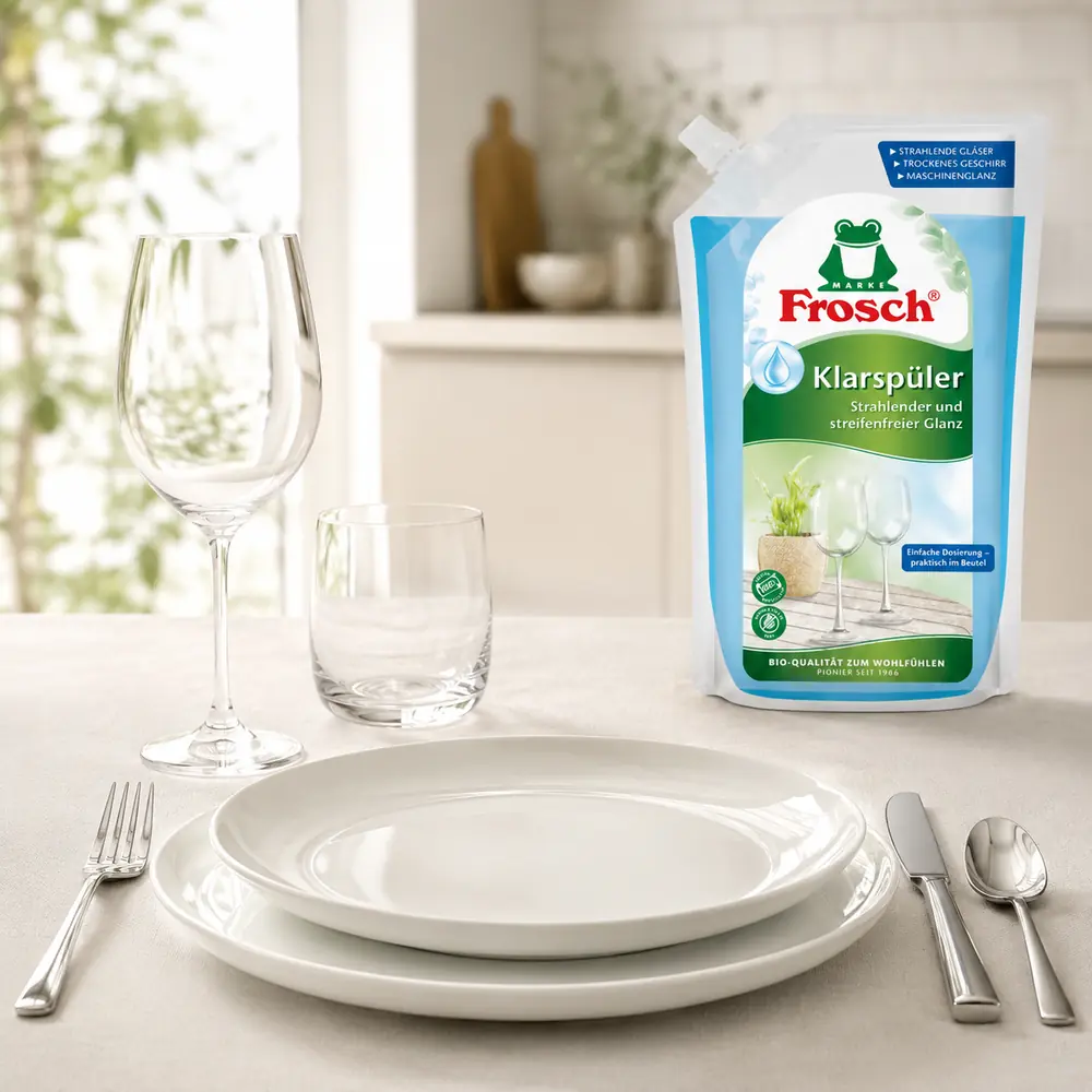 Frosch spoelglansmiddel 750 ml naast glanzend servies en bestek