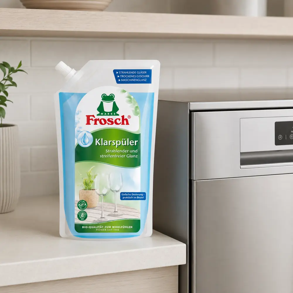 Frosch spoelglansmiddel 750 ml naast ingebouwde vaatwasser in keuken