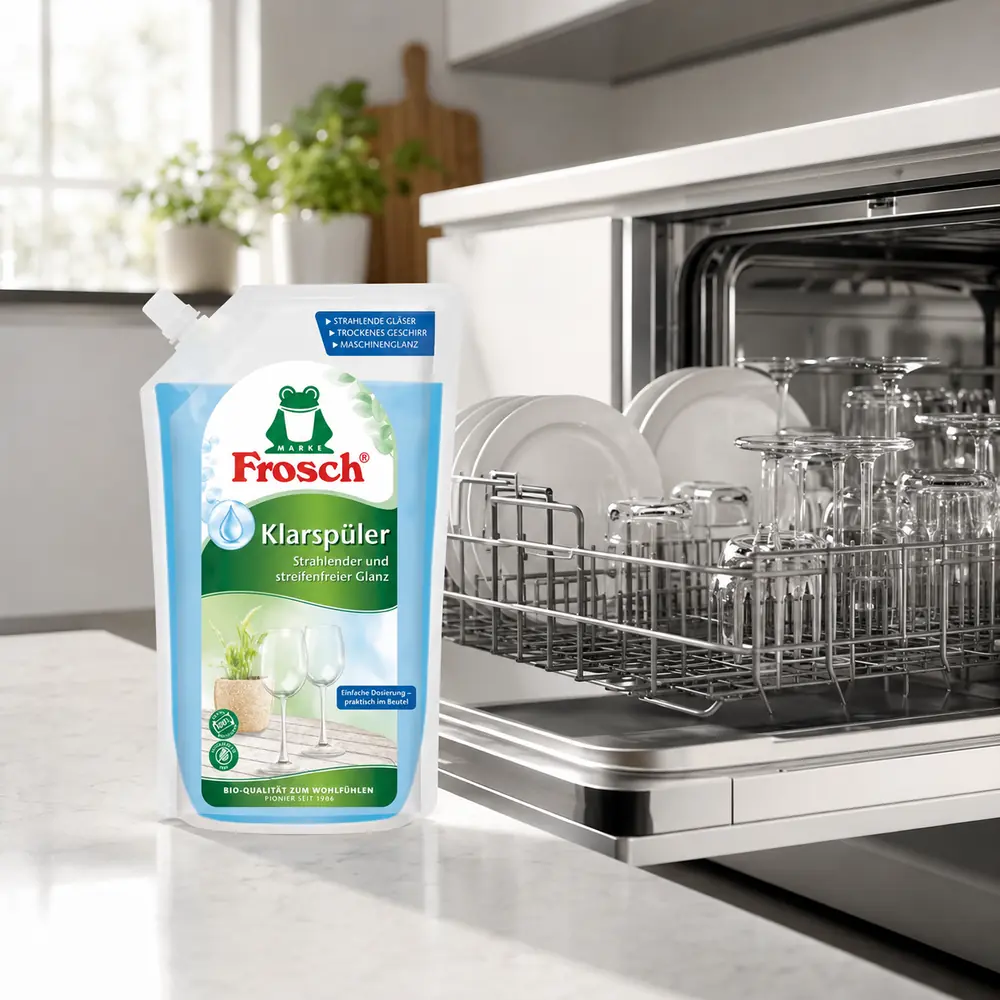 Frosch spoelglansmiddel 750 ml naast open vaatwasser met schoon servies