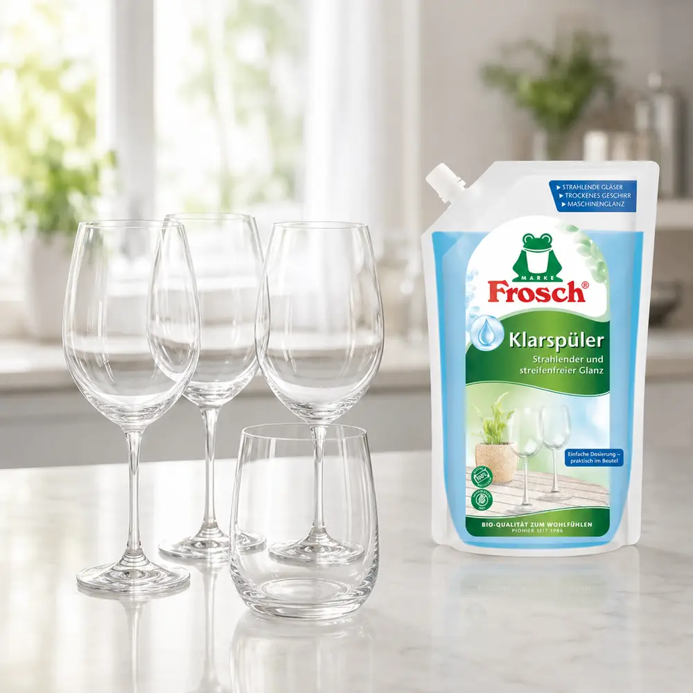 Frosch spoelglansmiddel 750 ml naast heldere wijnglazen en drinkglas