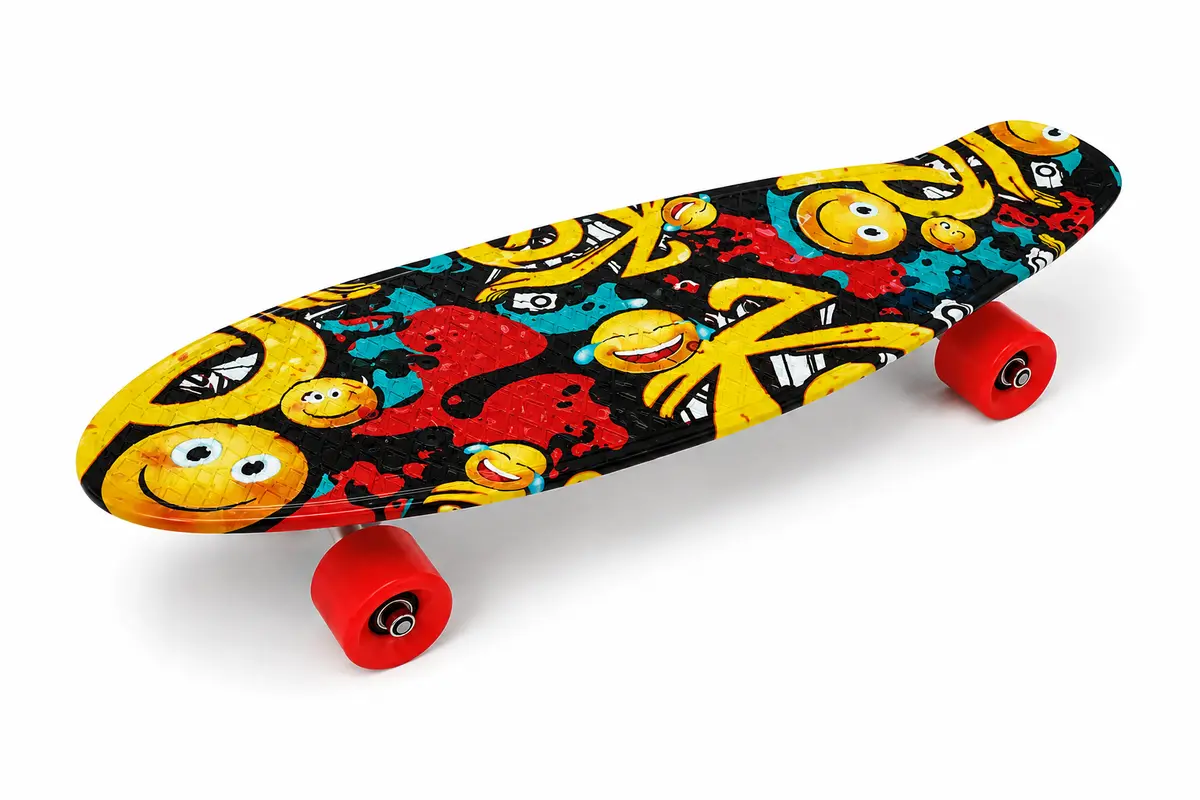 Schuin aanzicht van kleurrijk Knol Power kinder skateboard met rode wielen