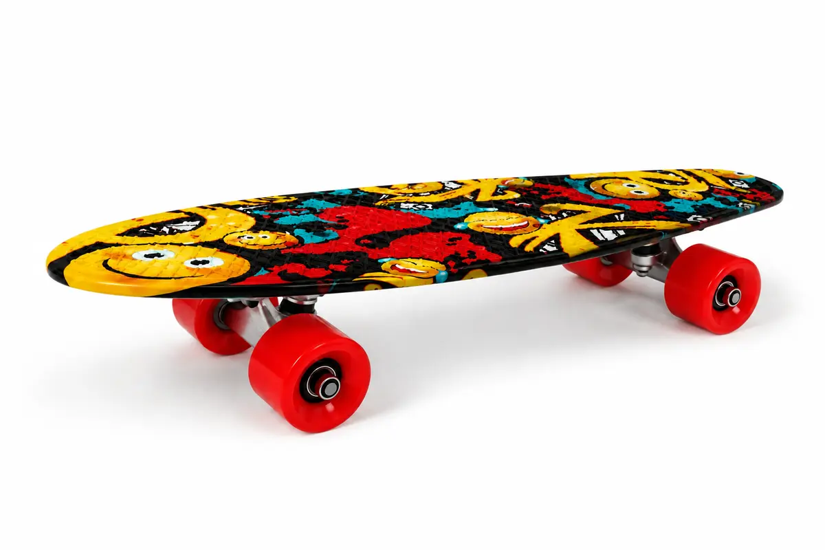 Laag zijaanzicht van compact kinder skateboard met metalen trucks en rode wielen