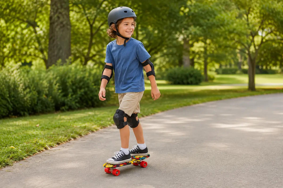 Kind rijdt op kleurrijk kinder skateboard met helm en bescherming