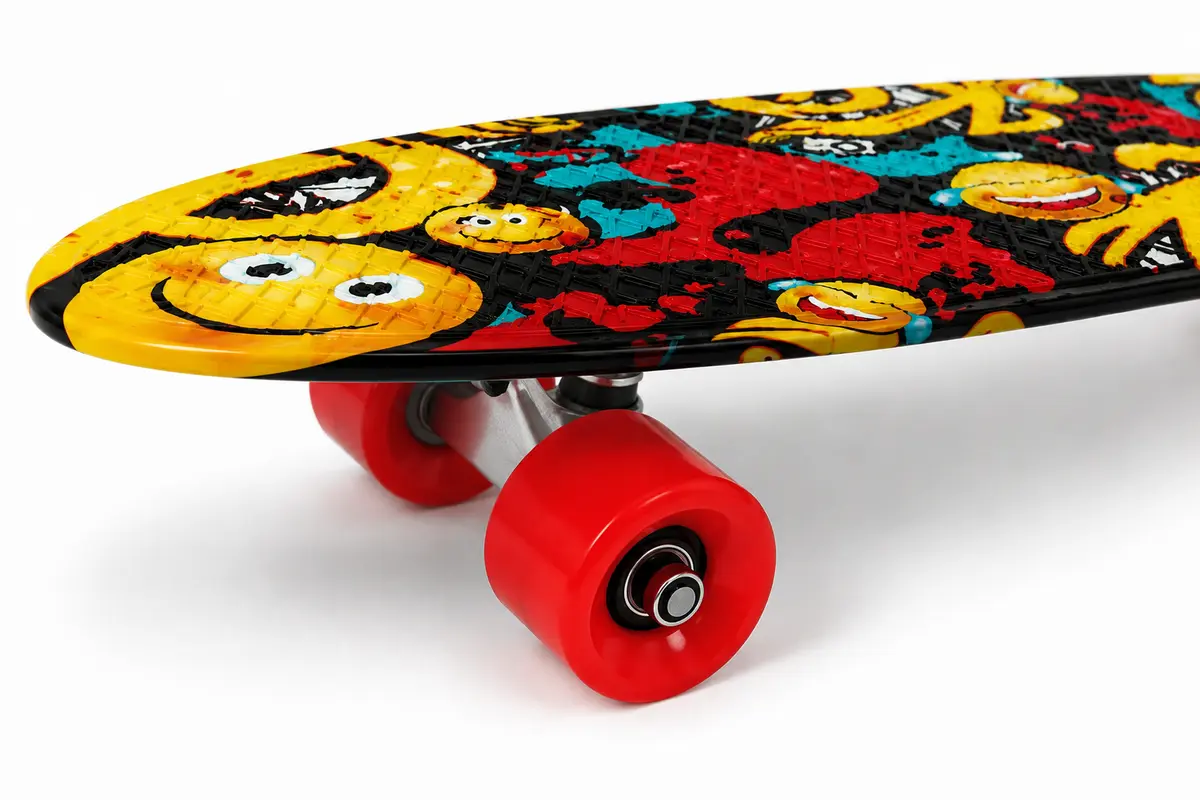 Detail van rode wielen en metalen truck van kinder skateboard