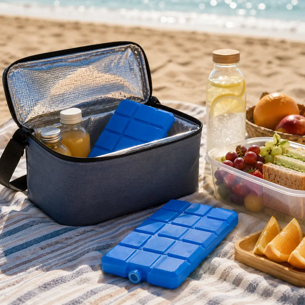Blauwe koelelementen voor koeltas tijdens strandpicknick