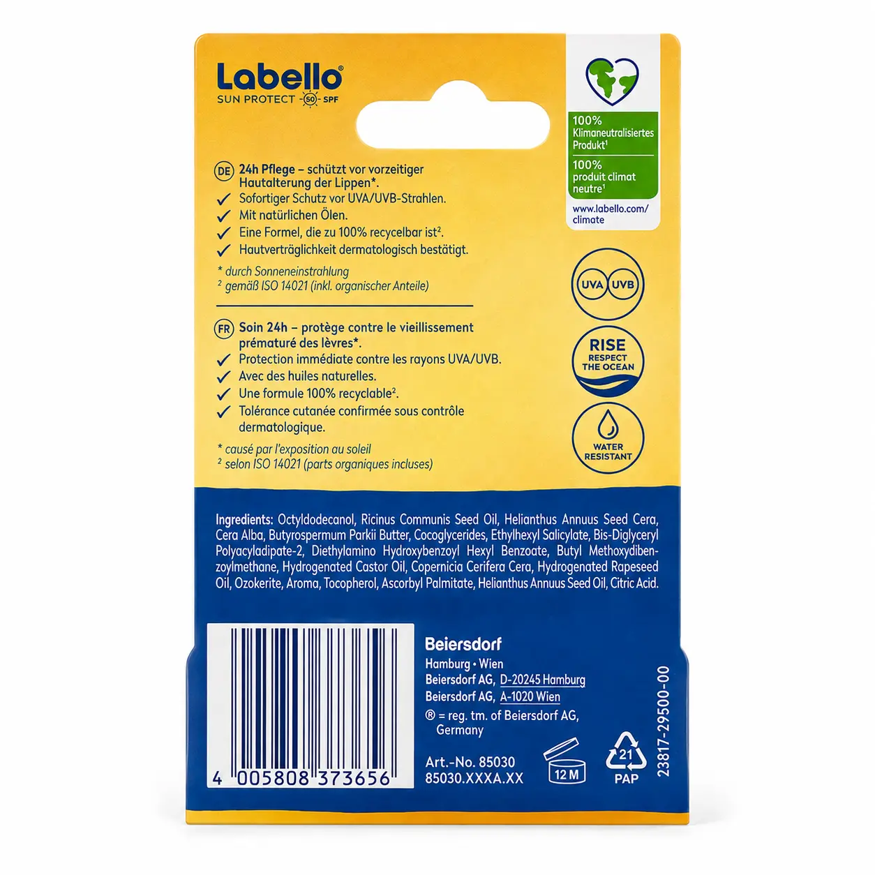 Achterkant van Labello Sun Protect SPF 50 verpakking met productinformatie