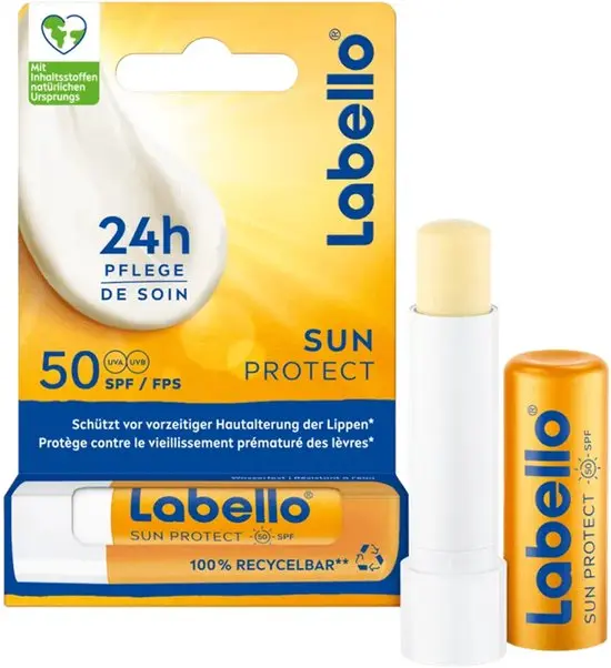 Labello Sun Protect SPF 50 verpakking met geopende en gesloten stick