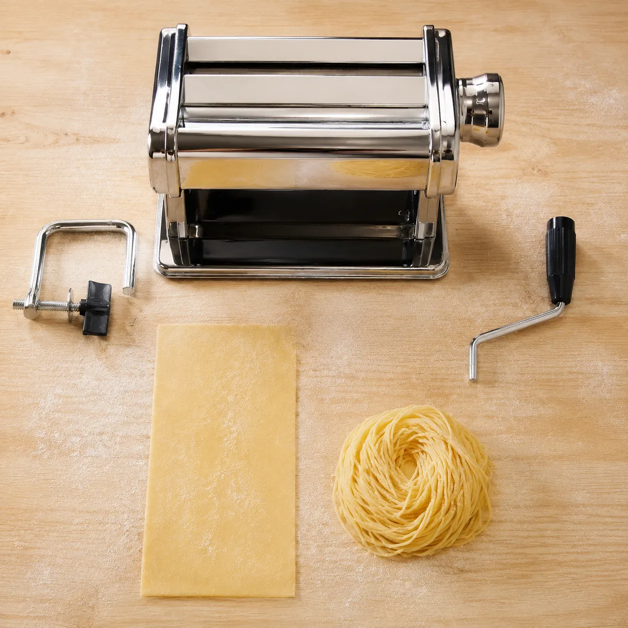 Pastamachine met uitgerold pastavel en verse pastaslierten op houten werkblad