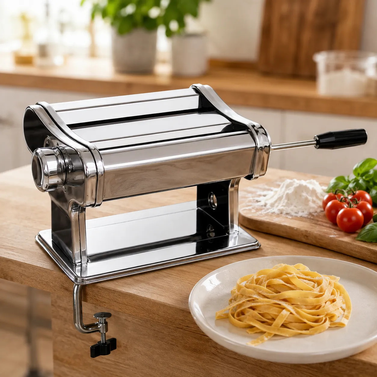 Zilveren pastamachine met verse pasta en ingrediënten in de keuken