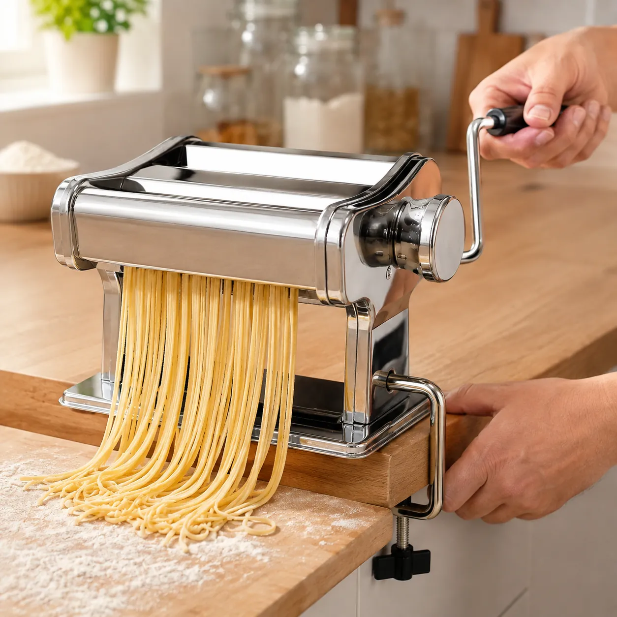 Handmatige zilveren pastamachine met tafelklem in gebruik voor verse pasta