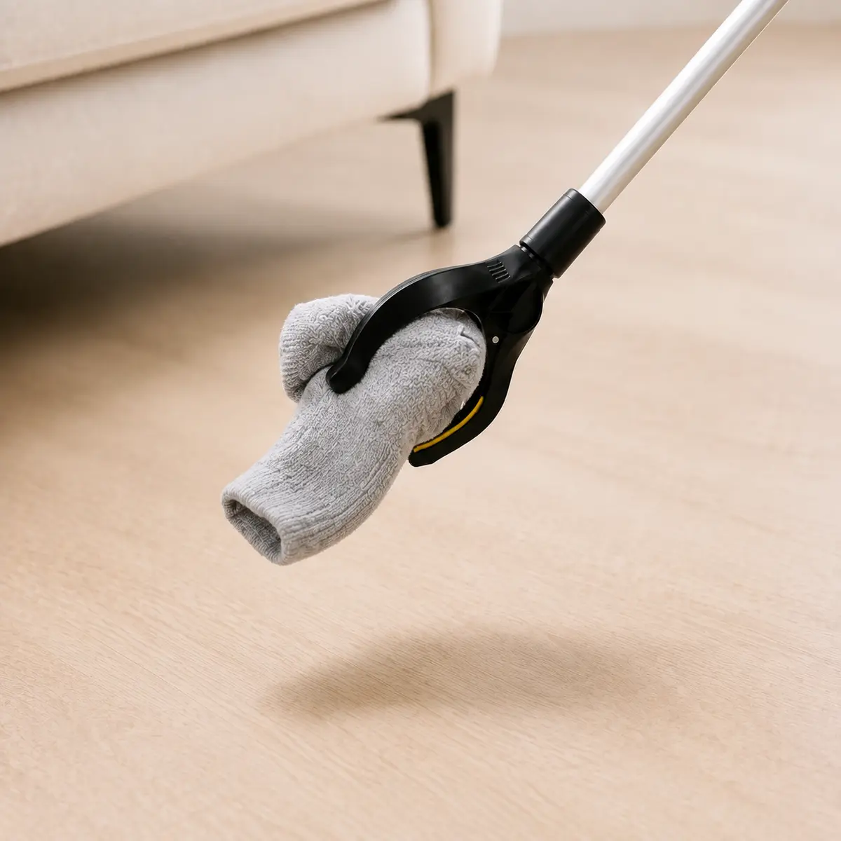 Grijper met magneet pakt sok onder bank op