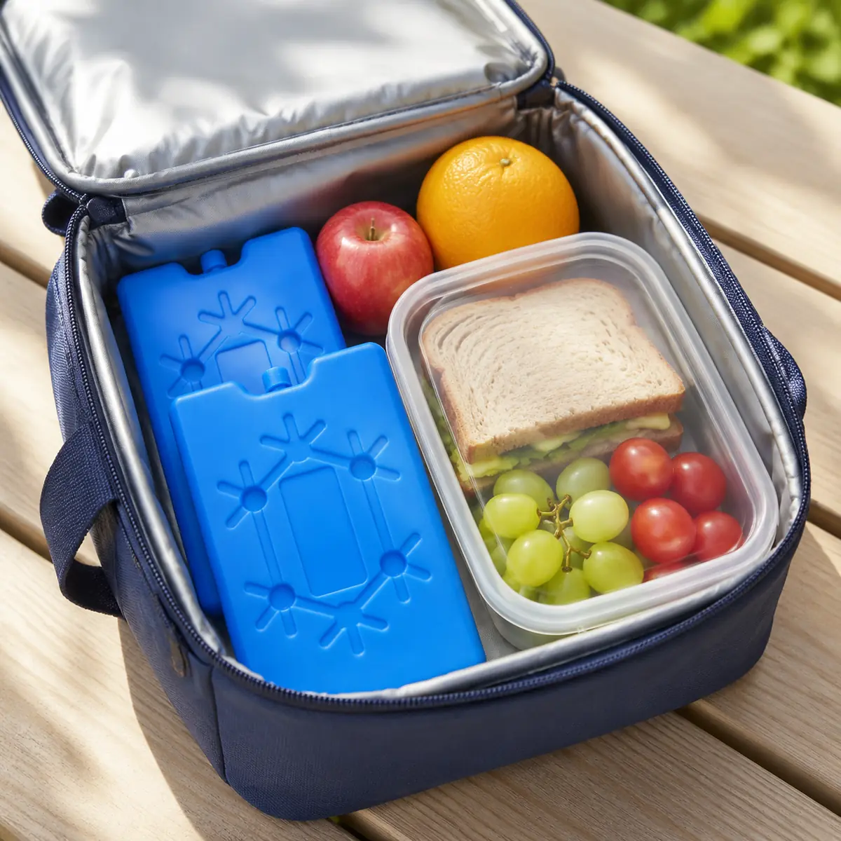 Twee blauwe koelelementen in lunchtas met eten