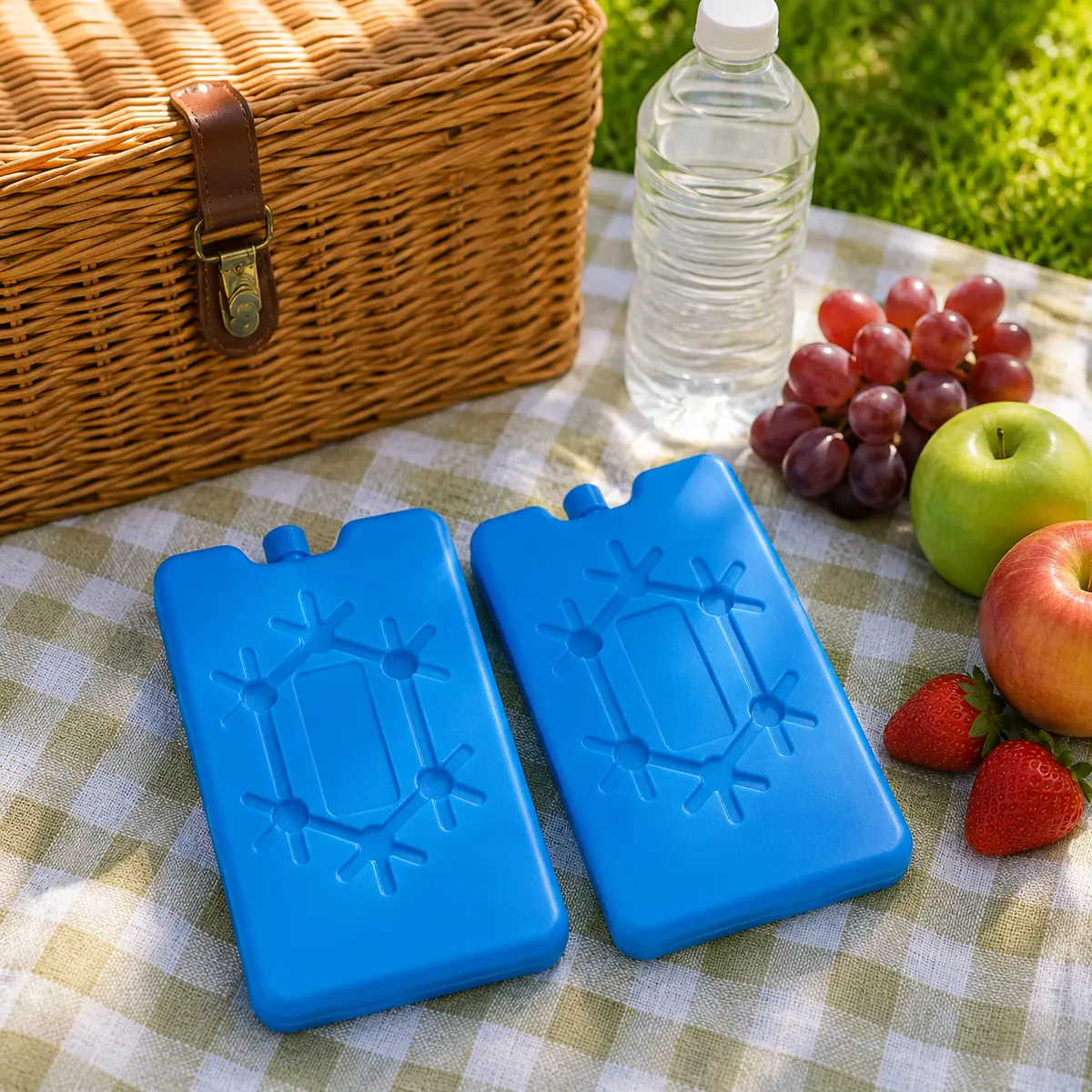 Blauwe koelelementen voor picknick en onderweg