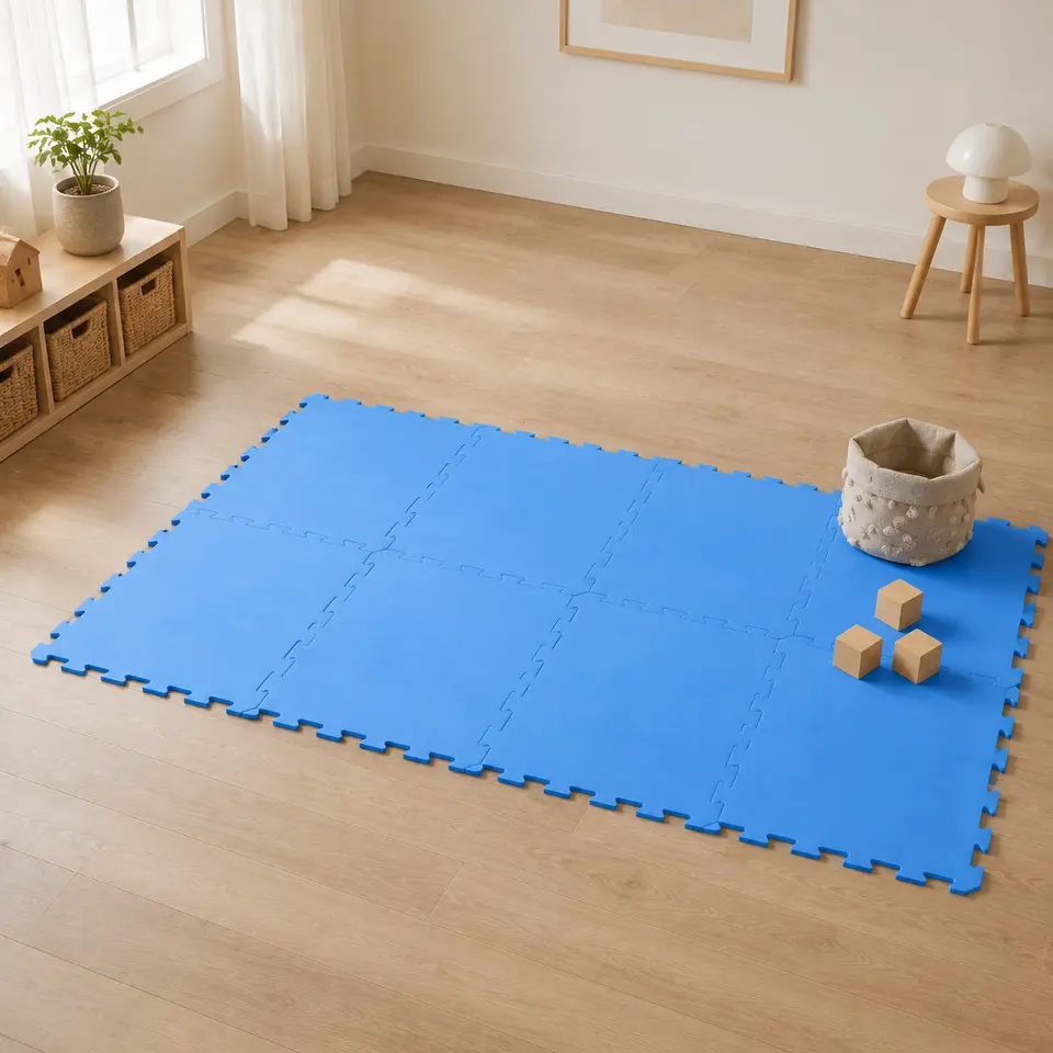 Blauwe vloerbeschermingsmatten voor een speelruimte