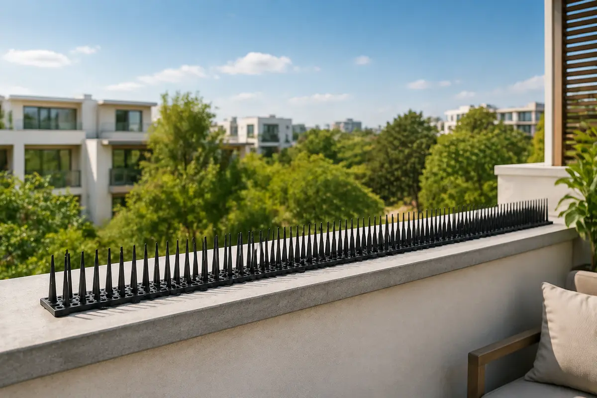 Zwarte vogelspikes geplaatst op een moderne balkonrand