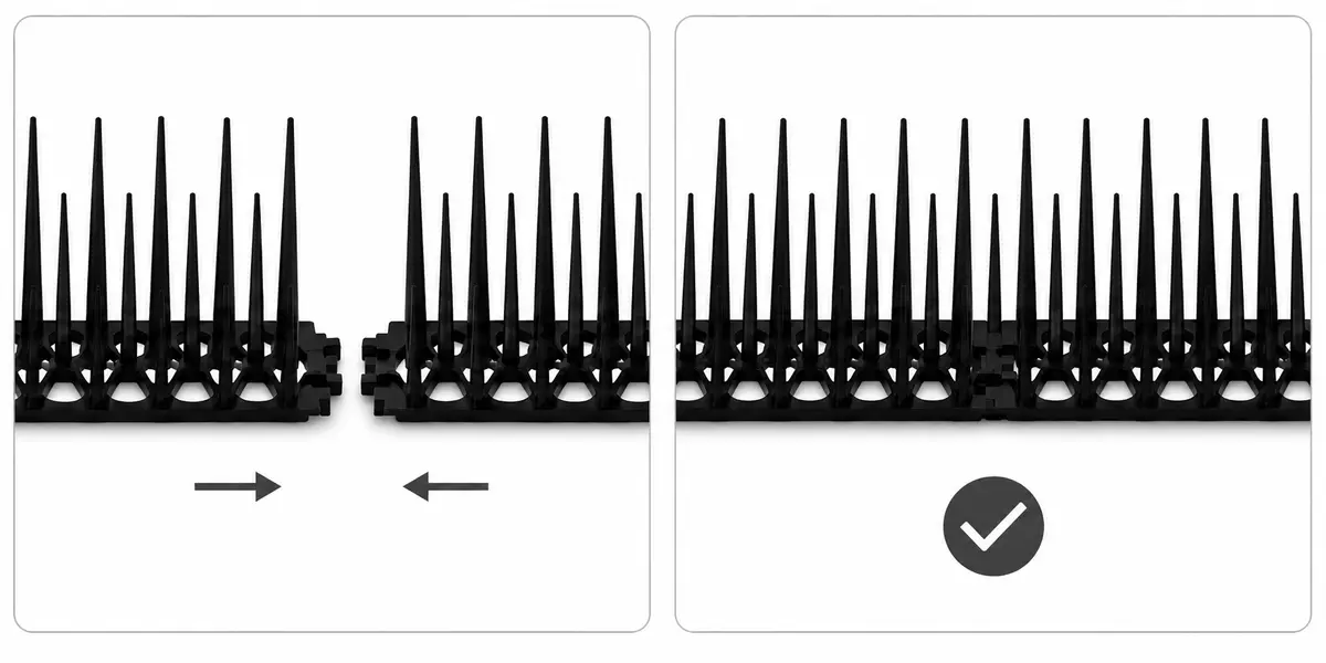 Twee koppelbare vogelspikes strips voor en na het verbinden