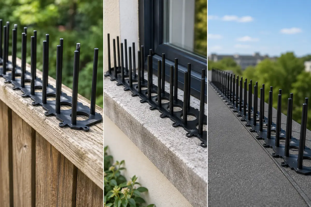 Vogelspikes toegepast op schutting, vensterbank en dakrand