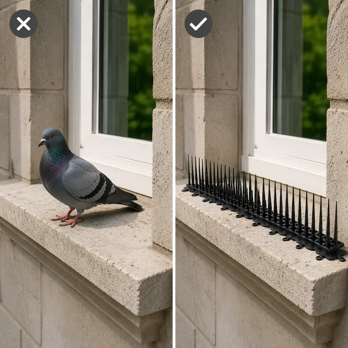 Vensterbank voor en na plaatsing van zwarte vogelspikes
