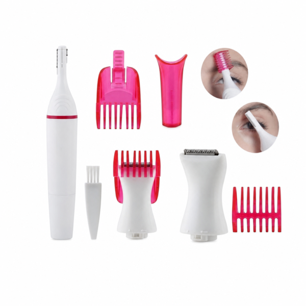 Witte precisietrimmer voor vrouwen met roze opzetkammen, scheerkop en reinigingsborsteltje, met inzetjes van trimmen rond de wenkbrauwen