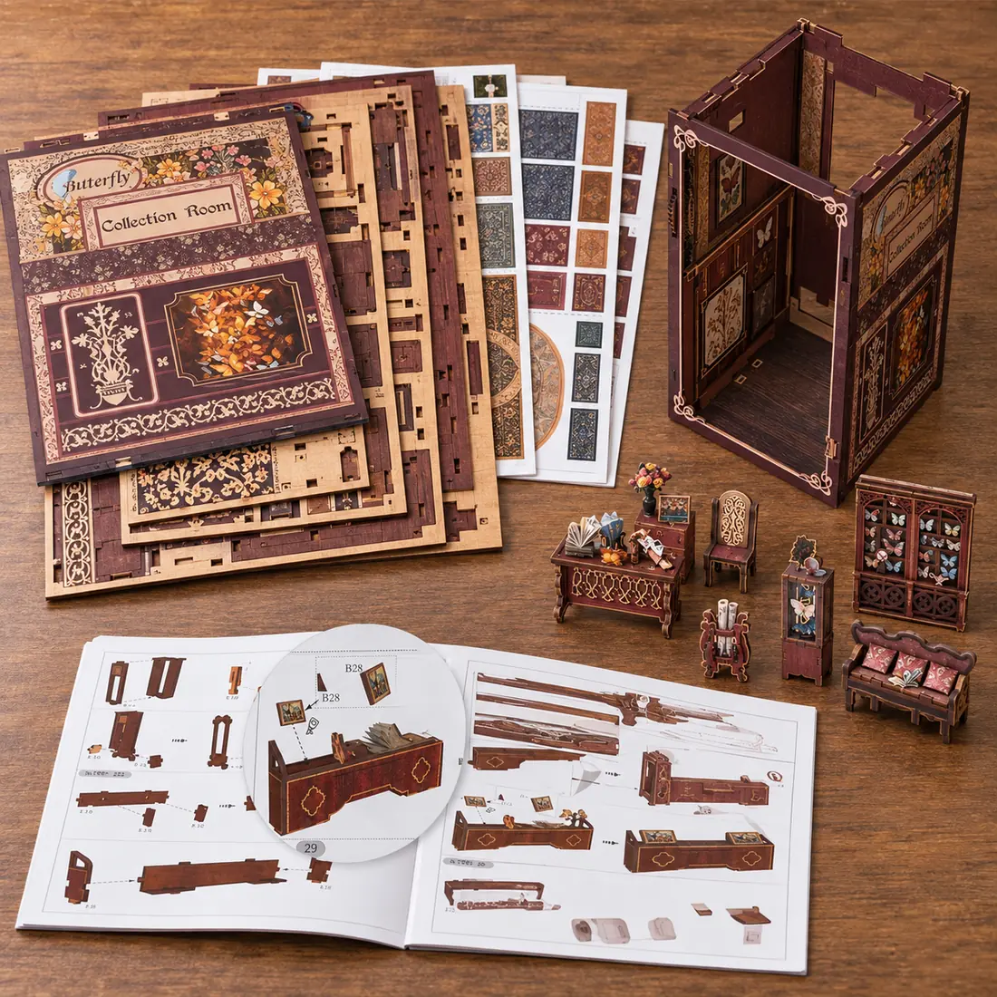 Houten DIY-onderdelen en handleiding van THAR Butterfly Collector’s Room