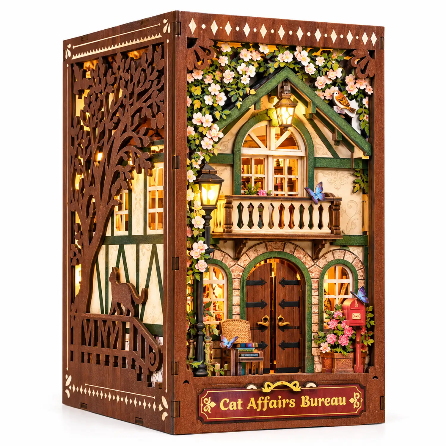 THAR Book Nook Cat Affairs Bureau – sierlijke gevelzijde en decoratief bomenpaneel