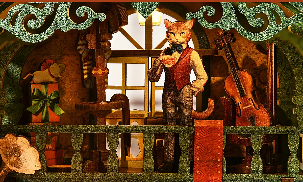 THAR Book Nook Cat Affairs Bureau – detail van kat met viool in het miniatuurinterieur