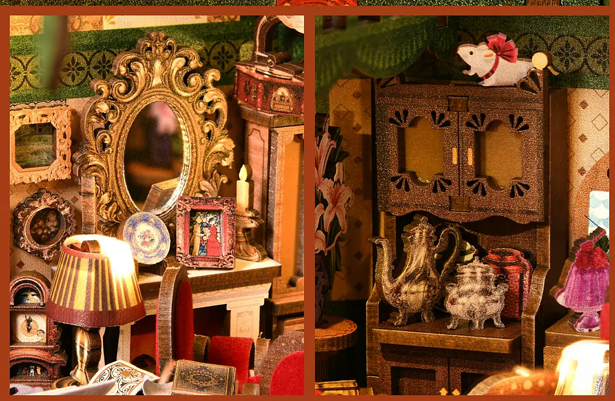 THAR Book Nook Cat Affairs Bureau – detail van spiegel, lamp, werkplek en miniatuurservies